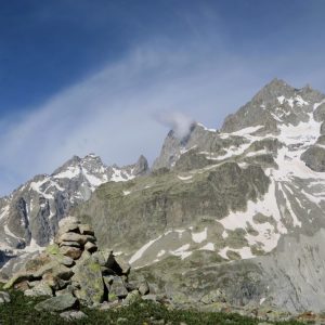 Panorama sur les sommets de Vallouise : Pelvoux, Pic sans nom, Ailefroide, Fifre, Barre des Ecrins, glacier blanc (c) M. Coulon