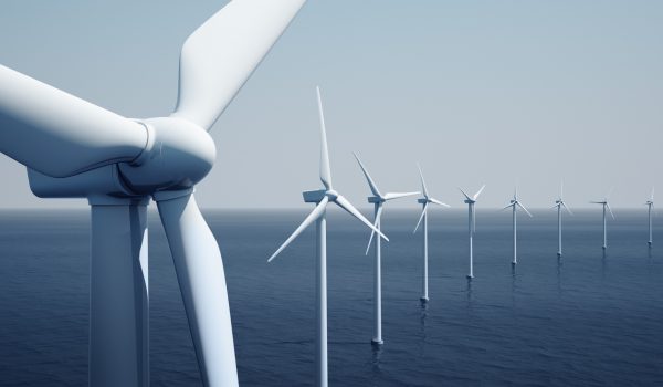 3d rendering of windturbines on the ocean